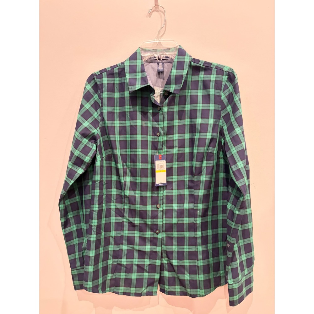 IZOD Womens Green Navy Blue Plaid Long Sleeve Button Down Shirt Size M NEW